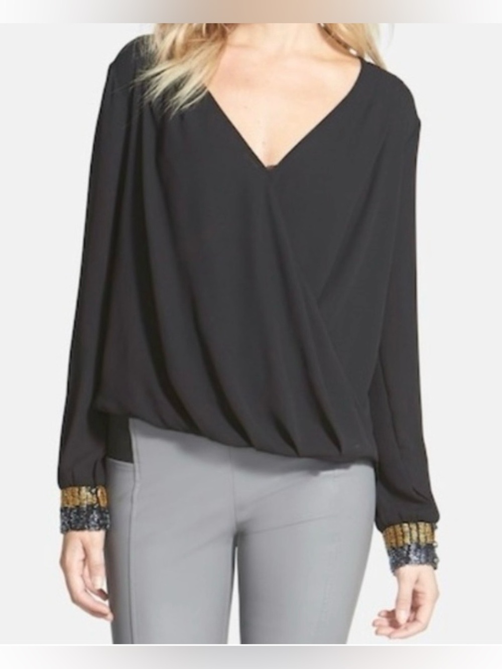 ASTR Black Surplice Blouse with Beaded Cuffs | Size Medium